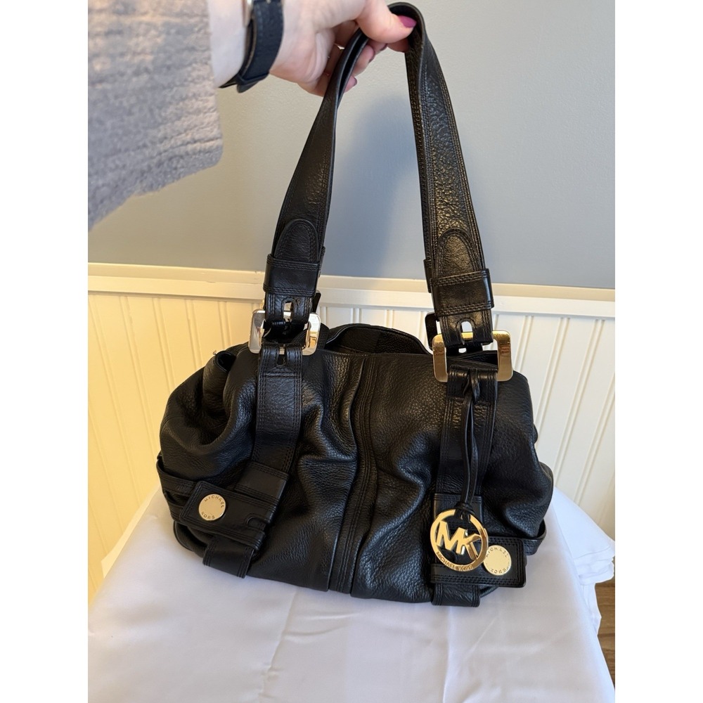 MICHAEL Michael Kors MK Harness Shoulder Bag Leather Handbag Purse Black Gold